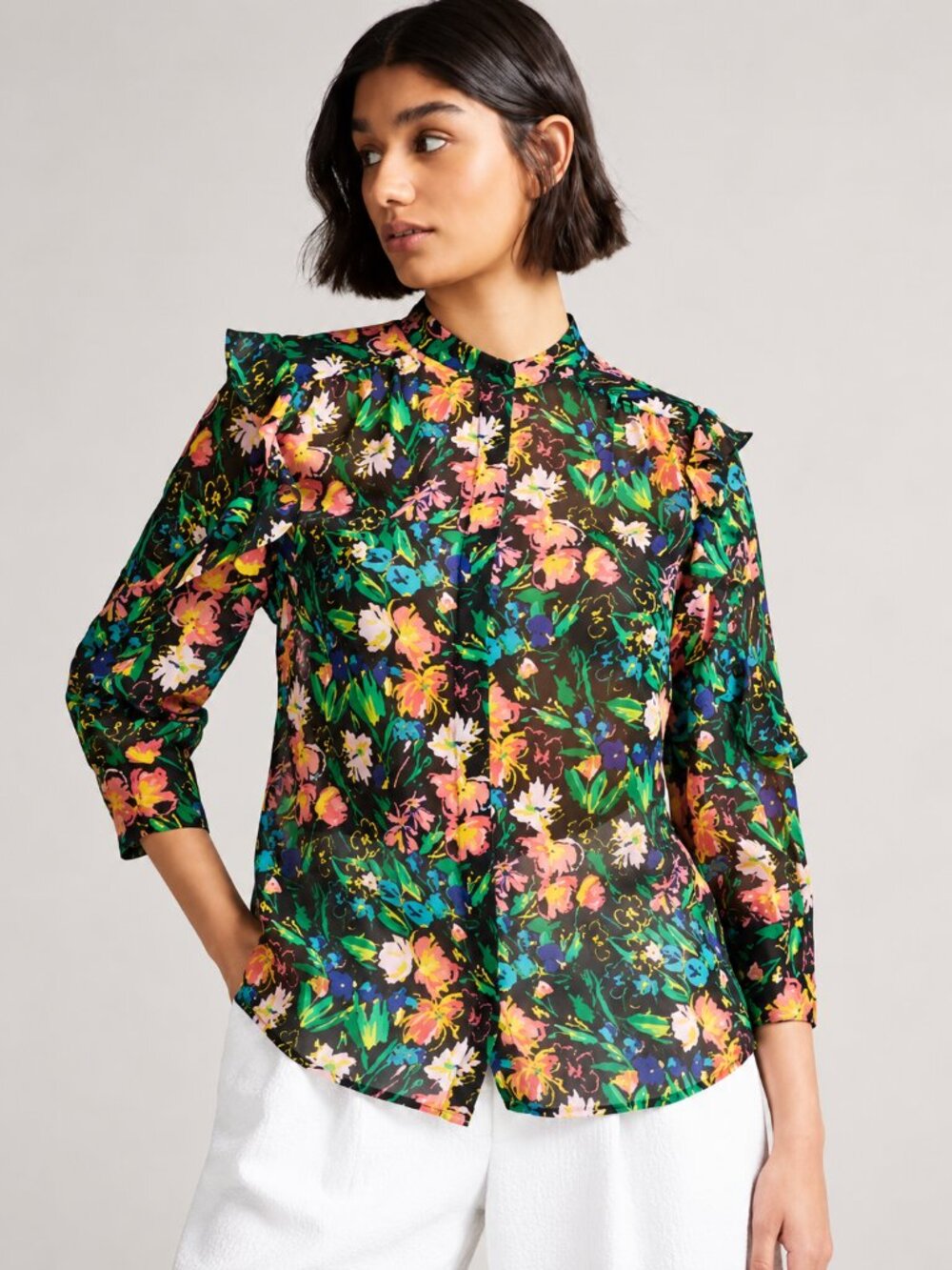 Ted Baker London Carita Floral Ruffle Sleeve Semi Sheer Blouse